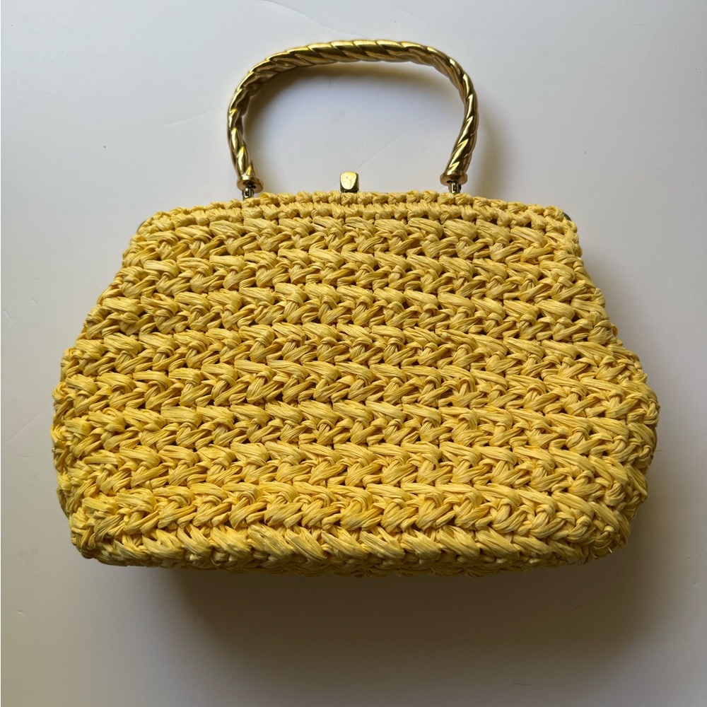 Vintage 1950s Nearly Mint Yellow Crochet Straw Woven Purse